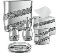 Accesorios de baño Dwellza - Juego de 6 Piezas de Mosaico Plateado con dispensador de jabón, Soporte para Cepillo de Dientes, Vaso, jabonera, Cubierta de pañuelos, Papelera