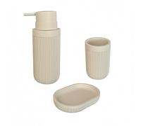 Accesorios de baño Relaxdays, 3 Piezas, jabonera, dispensador, Vaso para cepillos, polirresina, Set baño, Beige