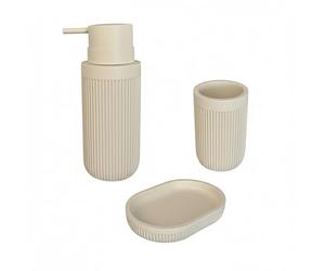 Accesorios de baño Relaxdays, 3 Piezas, jabonera, dispensador, Vaso para cepillos, polirresina, Set baño, Beige