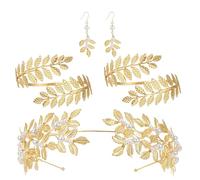 Accesorios de diosa dorada, brazalete y aretes elegantes, juego de joyas doradas, diadema de hojas, pulsera de brazo, aretes colgantes para boda