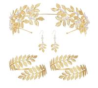 Accesorios de diosa dorada | Joyería decorativa de diosa | Diadema de hojas para el brazo, pulsera y aretes colgantes para mujer, juego de joyas de boda