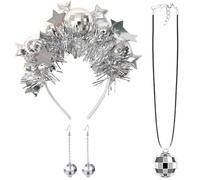 Accesorios de Discoteca Mujer, 1 Diadema de Discoteca y 1 Pare de Aretes de Discoteca,1Collar, para Accesorios de Disfraces de Fiesta Disco de los Años 70,80 y,carnaval, fiesta de disfraces