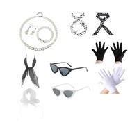 Accesorios de disfraces años 50 mujer 11 piezas con pañuelo lunares, gafas retro, guantes, collar perlas, pendientes para fiesta temática rock vintage y carnaval