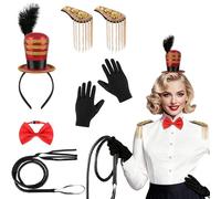 Accesorios de Disfraces de Circo, Diadema con Mini Sombrero de Copa Rojo, Charreteras de Flecos, Látigo, Guantes y Pajarita, Accesorios de Disfraz Domadora para Mujer y Hombres para Halloween Carnaval