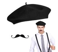 Accesorios de Disfraz de Artista Francés, Sombrero de Boina Francés, Bigote Falso Autoadhesivo, Kit Accesorios de Artista Franco, Traje Franco para Carnaval Halloween Cosplay Mascarada (Negro)