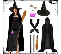 Accesorios de Disfraz de Bruja para Halloween - Sombrero, Capa, Escoba, Guantes, Botella de Poción - Capa Unisex Con Capucha para Fiestas