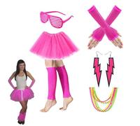 Accesorios de disfraz de los 80 para mujer,Juego de accesorios para disfraces de de los años 80 | Collar de neón, pulsera, pendientes, guantes de rejilla, calentadores de piernas, conjunto de diadema