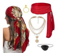 Accesorios de disfraz de pirata para hombre, juego de cosplay de 5 piezas con bufanda de cabeza de piratas, faja, cinturón, parche en los ojos y suministros de juego de rol para actuaciones de teatro