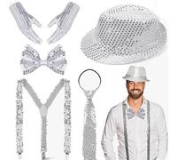 Accesorios de Disfraz MJ 5PCS, Del Rey Del Pop con Sombrero y Guantes de Lentejuelas Micrófono de Juguete Gafas de Sol Calcetines Plateados, Conjunto de Cosplay de Estrella de Baile de los Años 80 70
