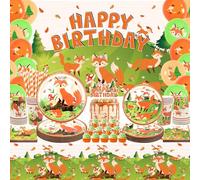 Accesorios de fiesta de cumpleaños de zorro, fondo de fiesta de cumpleaños, platos, cupcakes, servilletas, tazas, manteles, para niñas, niños, zorro, temática de bebé, decoración de cumpleaños