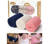 Accesorios de fotografía para recién nacidos, 3 envolturas elásticas, accesorios profesionales para fotos de bebés, envoltura larga ondulada para 0-6 meses (azul marino, blanco, rosa)