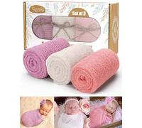 Accesorios de fotografía para recién nacidos, 3 envolturas elásticas para bebés, accesorios profesionales para fotos de bebé, envoltura larga ondulada, para bebés de 0 a 6 meses (morado, blanco y
