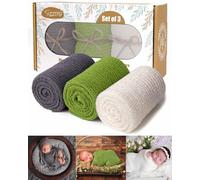 Accesorios de fotografía para recién nacidos, 3 unidades envolturas elásticas para bebés, accesorios profesionales para fotos de bebé, envoltura larga ondulación, para bebés de 0 a 6 meses (gris oscuro+verde+blanco)