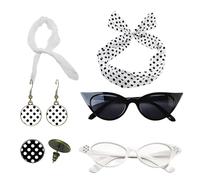 Accesorios de los años 50 para niñas - Juego de diadema de lazo rojo y aretes colgantes estampados, aretes colgantes estampados con bandas para el pelo vintage, bufanda de gasa, gafas