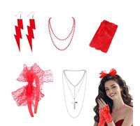 Accesorios de los años 80 para mujer + Set de disfraces retro + Encaje cómodo + 5 piezas + Rojo y plateado