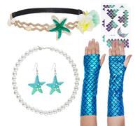 Accesorios de sirena para mujer, diadema de sirena, guantes, collar con estrella de mar, pendientes para la cara, pegatinas para sirenas, carnaval, fiesta, accesorios de cosplay (azul y A)