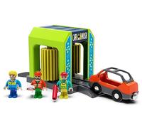 Accesorios de tren de madera para lavado de coches para ferrocarriles, accesorios de juguete compatibles con todas las principales marcas de sistema de trenes, estación ferroviaria para niños de 3