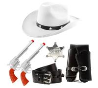 Accesorios de vaquero para adultos, sombrero de vaquero con tachuelas de estrella blanca, accesorios de pistola de plástico, funda negra con hebilla e insignia de sheriff plateada, juego de accesorios