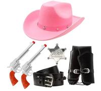Accesorios de vaquero para adultos, sombrero de vaquero con tachuelas de estrella rosa, accesorios de pistola de plástico, funda negra con hebilla e insignia de sheriff plateada, juego de accesorios