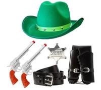 Accesorios de vaquero para adultos, sombrero de vaquero con tachuelas de estrella verde, accesorios de pistola de plástico, funda negra con hebilla e insignia de sheriff plateada, juego de accesorios