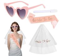 Accesorios Despedida de Soltera Set 4 Piezas con Velo Nupcial Blanco, Banda Satinada Rosa, Gafas corazón y rotulador Blanco para Fiestas y Bodas