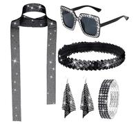 Accesorios Disco para mujer, collar discoteca, gafas de sol Rock Disco | gargantilla con lentejuelas, pendientes, pulsera, diadema, gafas de sol para disfraz adulto adolescente, disfraz