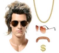 Accesorios Disfraz Años 80, Gafas de Sol,Disfraz de Hippie Peluca,Rubio-Marrón, Pelo Falso,Disfraz Rockero Metal Pesado, Halloween Accesorios Punk Cosplay Fiesta (5 Pcs)