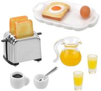 Accesorios en miniatura para desayuno, mini accesorios para casa de muñecas, accesorios para gnomos, vajilla para muñecas, porcelana, minicocina, mini comida, máquina de tostadora, pan, huevos, café