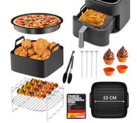 Accesorios Freidora de Aire Cuadrada 6-8L para Cosori, Cecotec y Princess | Moldes de silicona 23cm, rejilla grill y molde para pizza, Acero inoxidable libre de BPA apto para lavavajillas con recetario