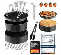 Accesorios Freidora de Aire Redonda 4.2-6.2L para Cosori, Tefal y Cecotec | Set de 16 piezas con moldes de silicona, rejillas grill y molde para pizza, Acero inoxidable libre de BPA con recetario