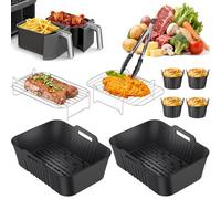 Accesorios Freidora de Aire Sin Aceite 9 Piezas, Molde Silicona Freidora de Aire para Ninja Foodi AF300EU AF400EU Freidoras de Aire de Doble Zona 7.6l-9.5l, Molde Silicona Air Fryer con Rejilla