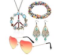 Accesorios Hippie Costume Set,Conjunto de Disfraz Hippie,Juego De Disfraz Hippie,Bohemio Pendientes,Collar Signo de La Paz,Gafas de Sol,Pulsera,accesorios de vestir hippie retro de los años 70y80
