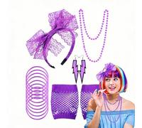Accesorios Mujer de Ropa Años 80 Disfraz 80s Accesorios de Traje Encaje de Neón Venda Fishnet Guantes Collares Pendientes Pulseras Juego de disfraces mujeres Fiesta de Cosplay Retro Carnavales
