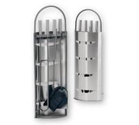 Accesorios para chimenea, 5 piezas, 230 x 140 x 660 mm, cubiertos y mango en el soporte, color gris lacado, soporte y asas de acero inoxidable