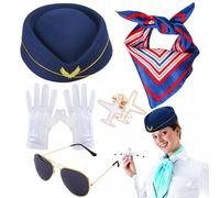 Accesorios Para Disfraz De Azafata De Vuelo - De Azafata De Vuelo | Boina, Bufanda, Guantes, Gafas De Sol, Broche De Avión Y Bufanda A Rayas Para Mujer, Carnaval O Temáticas, Conjunto