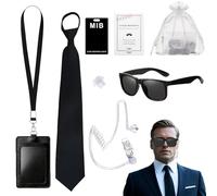 Accesorios para disfraz de hombre en negro, accesorios de disfraz de agente secreto, accesorios de disfraz con corbata, gafas de sol, tarjetero, tubo para auriculares, tarjeta para Halloween, carnaval