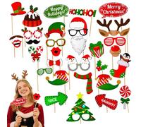 Accesorios photobooth Navidad 32 piezas Navidad Accesorios Photocall Foto Prop Photo Booth, accesorios foto fiesta navidad adultos niños kit decoración rojo verde sombrero barba gafas renos fiesta