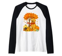 Acción de Gracias Otoño Otoño Golden Retriever Hoja Árbol de Camiseta Manga Raglan