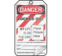 Accuform Lockout Tags, Pack of 5, Danger Locked Out My Life is on the Line with Picture Insert, US Made OSHA Compliant Tags, Tear & Water Resistant Self-Laminating PF-Cardstock with Grommets, 5.75"x 3.25", MLT609LCM