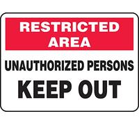 Accuform MADM900VP Plastic Sign, Legend"RESTRICTED AREA UNAUTHORIZED PERSONS KEEP OUT", 7" Length x 10" Width x 0.055" Thickness, Red/Black on White