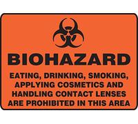 Accuform MBHZ510VS Señal adhesiva de seguridad de vinilo, leyenda "BIOHAZARD EATING, DRINKING, SMOKING, APPLYING COSMETICS AND HANDLING CONTACT LENSES ARE PROHIBITED IN THIS AREA" con gráfico, 10" de largo x 14" de ancho x 0.004" de grosor, negro sobre naranja y rojo