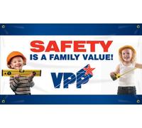 Accuform MBR475 Motivational VPP Safety Banner, Legend"Safety is A Family Value!", 28" Length x 4-ft Width, Reinforced Vinyl with Metal Grommets
