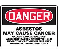 Accuform MCAW130VA Señal de advertencia de aluminio para lugar de trabajo, leyenda "DANGER ASBESTOS MAY CAUSE CANCER - CAUSES DAMAGE TO LUNGS - Protección de la guerra respiratoria y protección contra arañazos en esta zona, personalizable solo personalizado - 25,4 cm de largo x 35,5 cm de ancho, rojo/negro en blanco