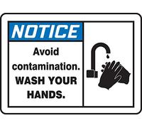 Accuform MCHL810VA Aluminum Safety Sign, Legend"Notice Avoid Contamination WASH Your Hands" with Graphic, 7" Length x 10" Width, Blue/Black on White