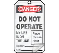 Accuform MDT027LPM RP-Plastic Safety Tag, Legend "Dangger do not operate my life is on the line", 5.5" de largo x 3.25" de ancho x 0.00" de grosor, rojo/negro sobre blanco (paquete de 5)