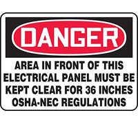 Accuform MELC001VA Aluminum Safety Sign, Legend"Danger Area in Front of This Electrical Panel Must BE Kept Clear for 36 INCHES OSHA-NEC REGULATIONS", 7" Length x 10" Width, Red/Black on White