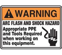 Accuform MELC361VA Aluminum Safety Sign, Legend "WARNING ARC FLASH AND SHOCK HAZARD APPROPRIATE PPE AND TOOLS REQUIRED WHEN WORKING ON THIS EQUIPMENT" with Graphic, 10" Length x 14" Width, Orange/Black on White