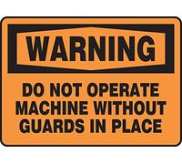 Accuform MEQM330VS Sign, Legend "Warning do not operate machine without GUARDS in place", 7" largo x 10" ancho x 0.004" grosor, vinilo adhesivo, 7" x 10", negro sobre naranja