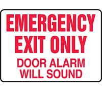 Accuform MEXT932XV Adhesive Dura-Vinyl Sign, Legend"EMERGENCY EXIT ONLY DOOR ALARM WILL SOUND", 10" Length x 14" Width x 0.006" Thickness, Red on White
