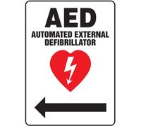 Accuform MFSD420VP Plastic Safety Sign, "AED AUTOMATED External DEFIBRILLATOR (Arrow Left)" with Graphic, 14" Length x 10" Width x 0.055" Thickness, Red/Black on White